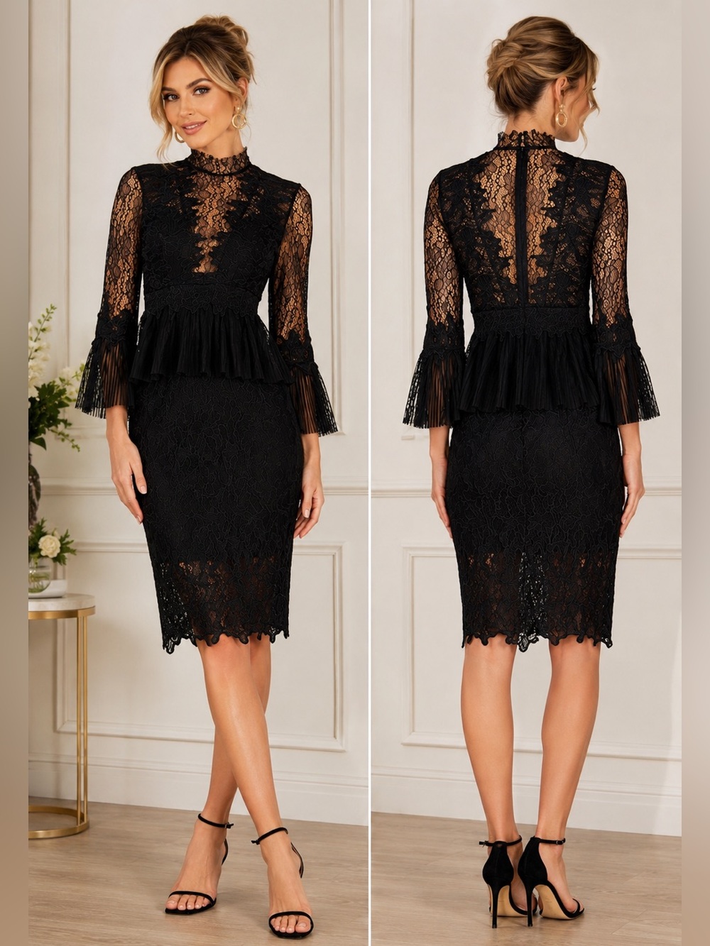Bardot Frankie Black Lace Midi Dress Peplum Bell Sleeve Cocktail Size 8 /M NWT